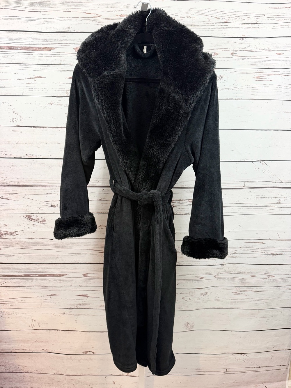 Pottery Barn Black Faux-Fur Trim Cozy Hooded Robe Size Large